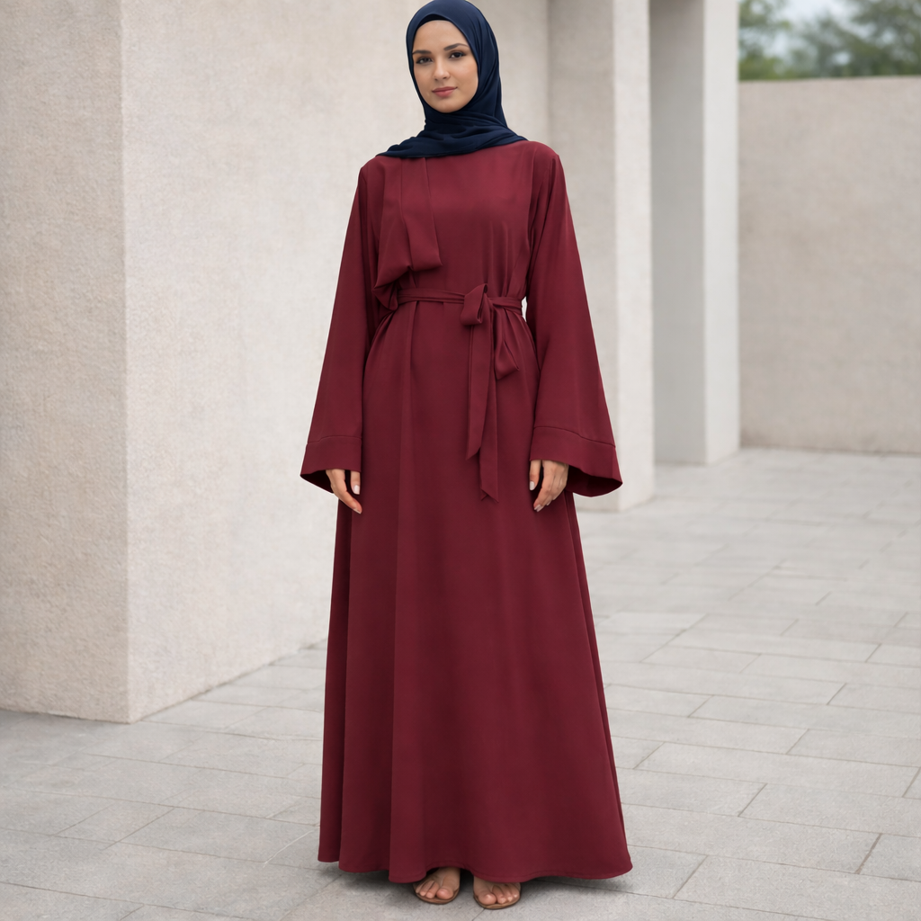 Modest Tie-Waist Abaya Maxi Dress for Women