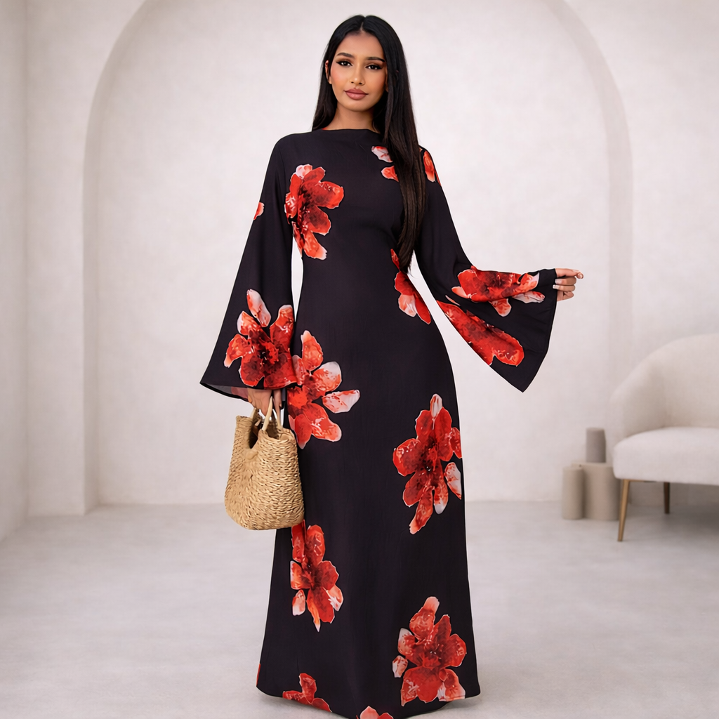 Eid Floral Print Abaya Maxi Dress for Women