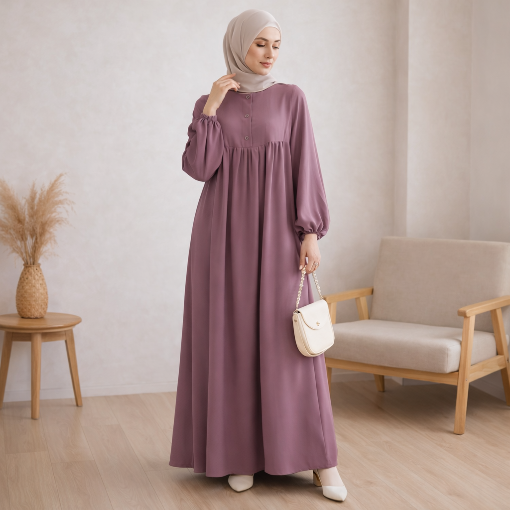 Casual Long Muslim Dress with Bubble Sleeves