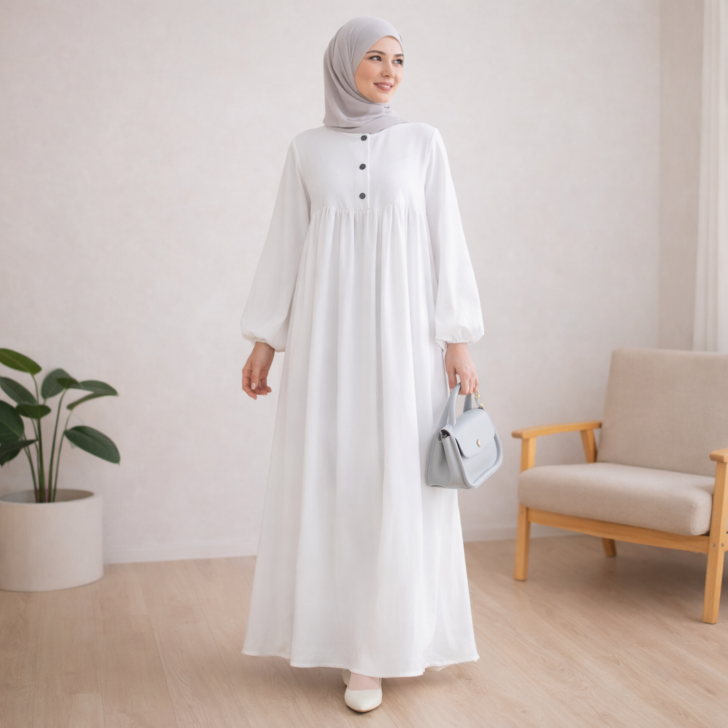 Casual Long Muslim Dress with Bubble Sleeves