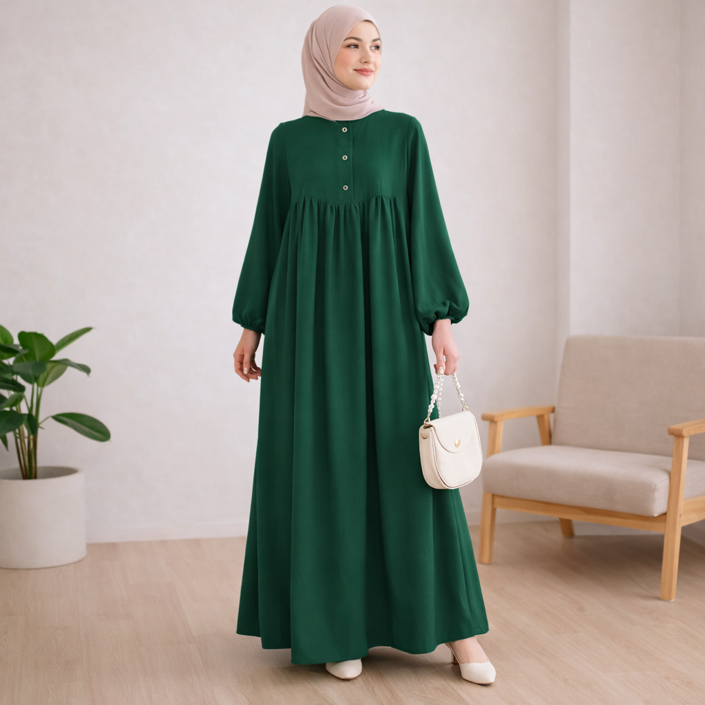 Casual Long Muslim Dress with Bubble Sleeves