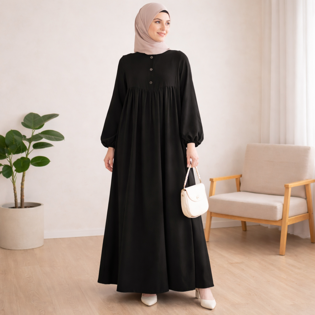 Casual Long Muslim Dress with Bubble Sleeves – alhawaamodesty