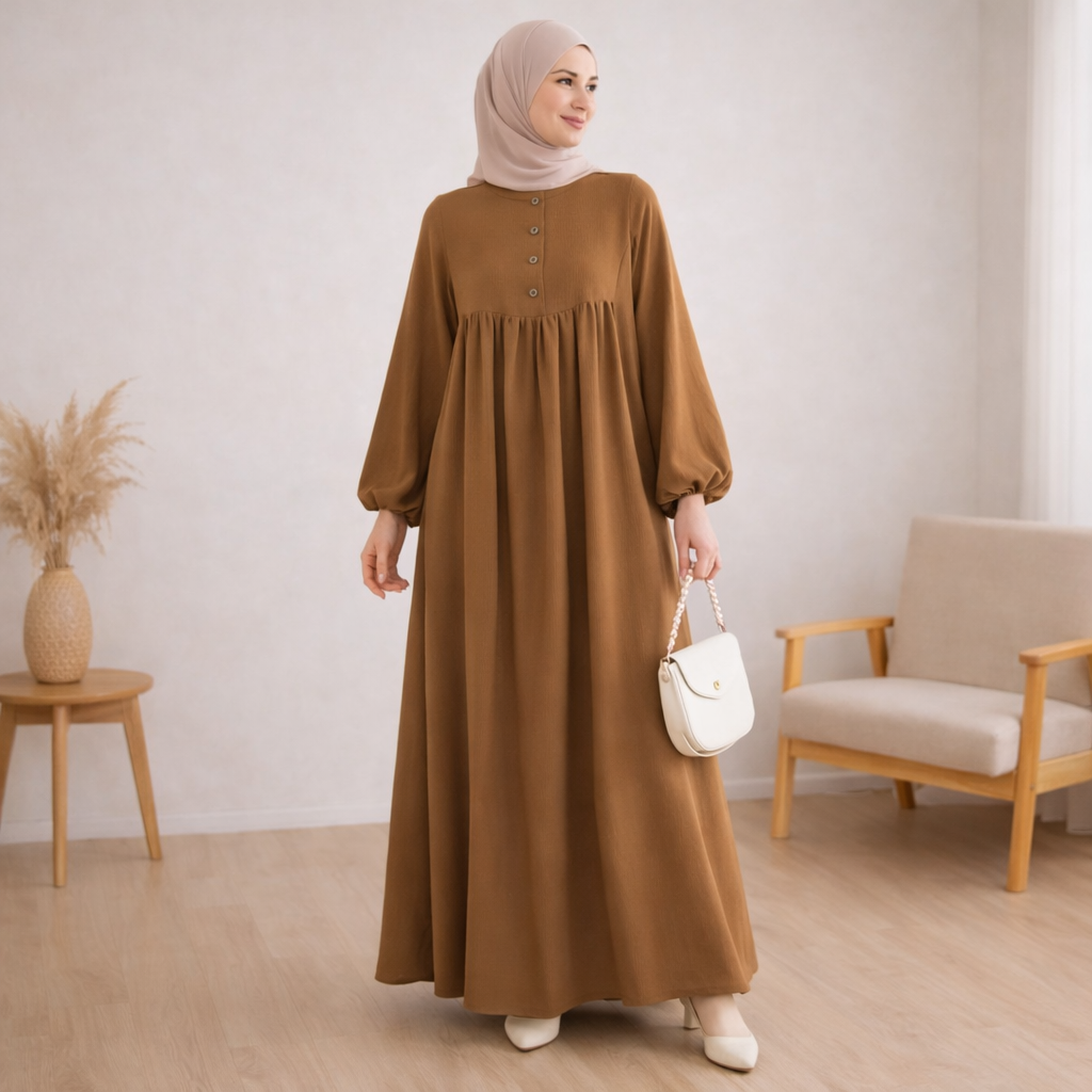 Casual Long Muslim Dress with Bubble Sleeves