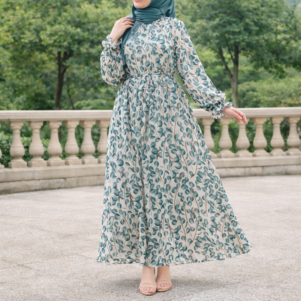 Luxury Summer Chiffon Floral Abaya Dress