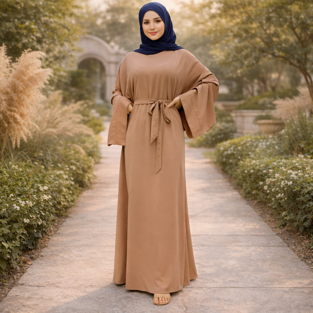Women Elegant Belted Abaya Maxi Dress