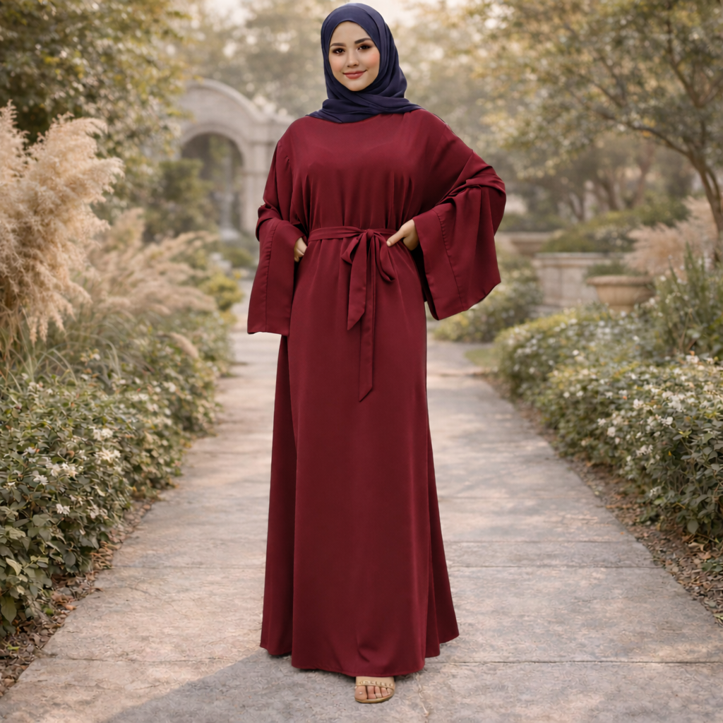 Women Elegant Belted Abaya Maxi Dress