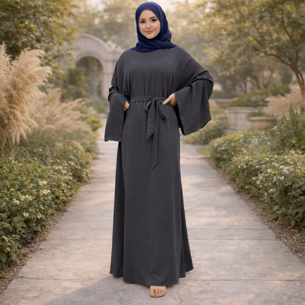 Women Elegant Belted Abaya Maxi Dress