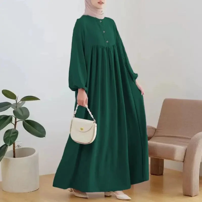 Elegant Long Abaya Dress with Bubble Sleeves