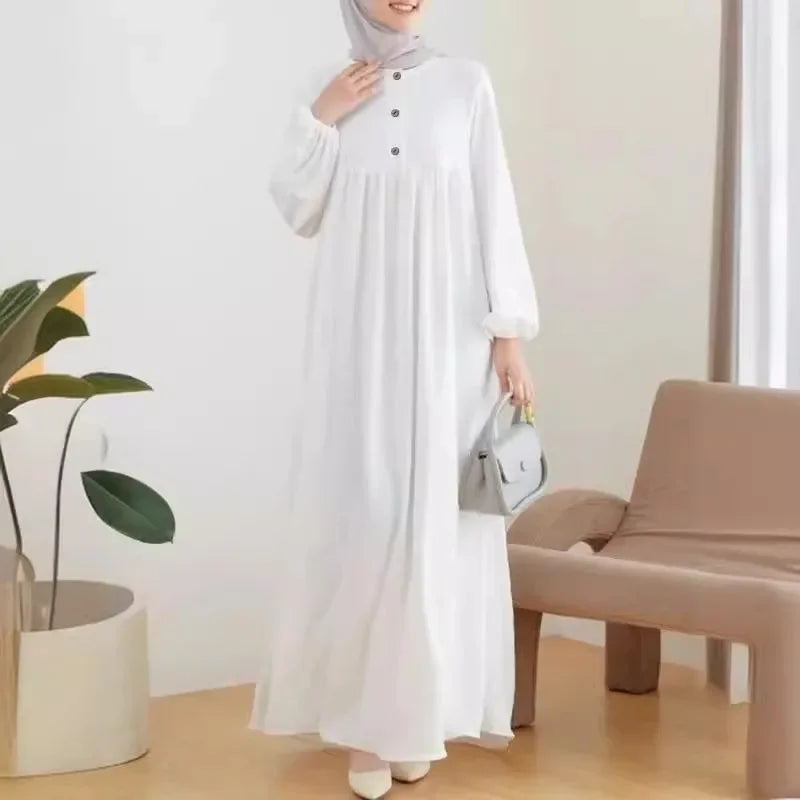 Elegant Long Abaya Dress with Bubble Sleeves