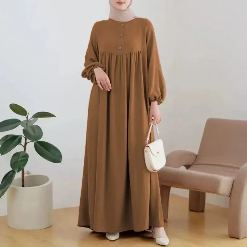 Elegant Long Abaya Dress with Bubble Sleeves
