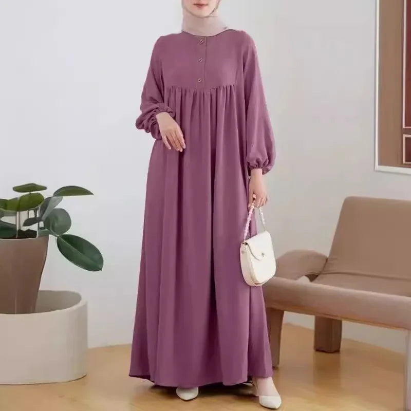 Elegant Long Abaya Dress with Bubble Sleeves