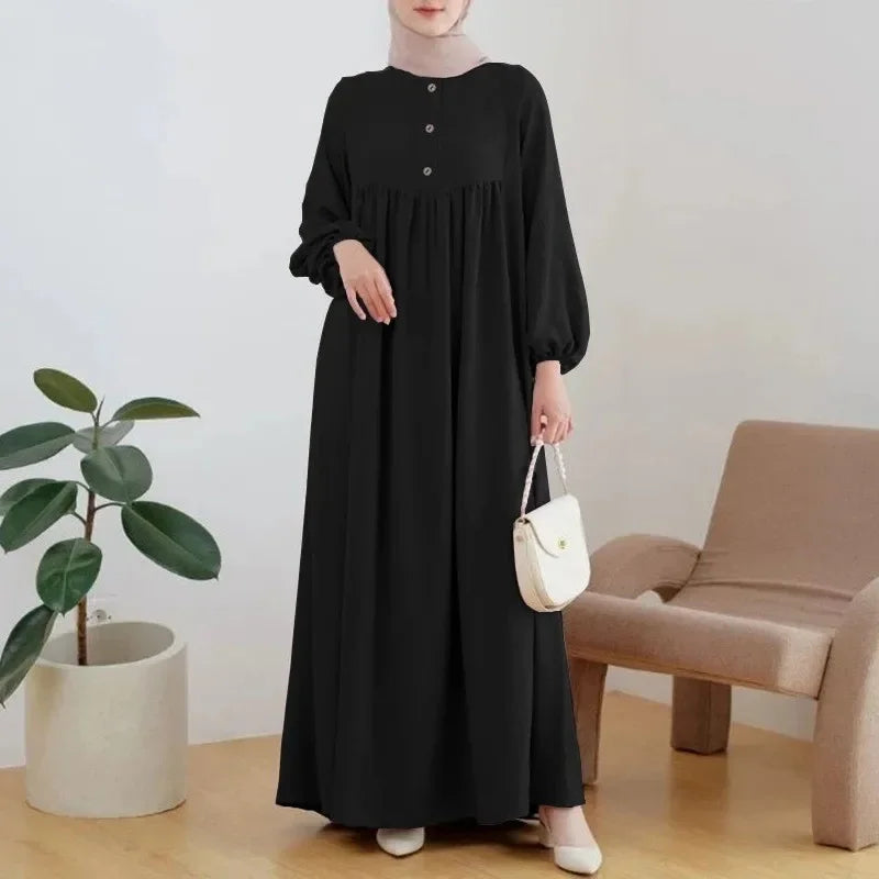 Elegant Long Abaya Dress with Bubble Sleeves