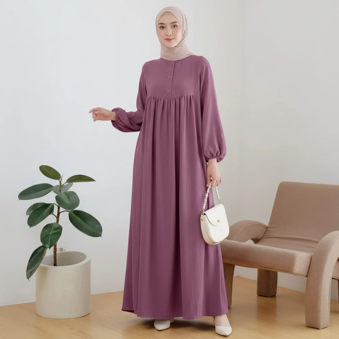 Elegant Long Abaya Dress with Bubble Sleeves
