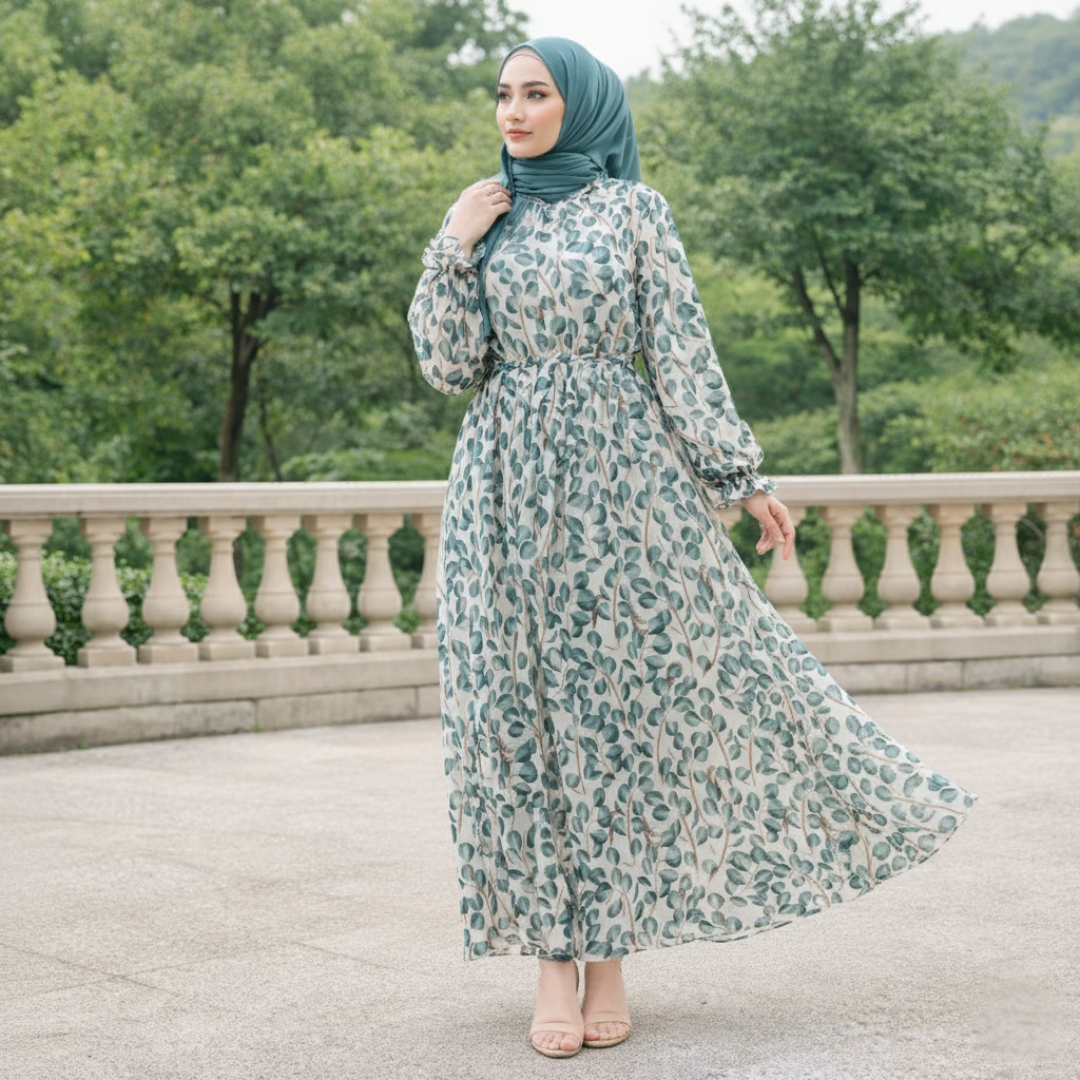 Luxury Summer Chiffon Floral Abaya Dress
